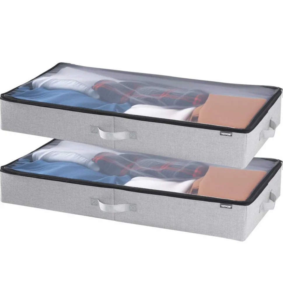 VEVOR Under Bed Storage with Clear Lids, 33.5 x 16.9 x 4.7 Inch, 45L Large Underbed Clothes Storage Containers, Low Profile Under Bed Drawer Shoe Organizer Bins Box for Blanket Shoe Bedroom, 2 Pack