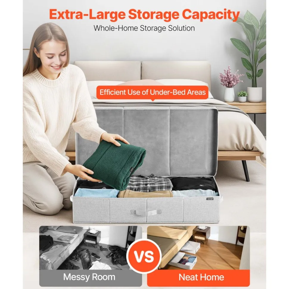 VEVOR Under Bed Storage with Lids, 31.7 x 15.9 x 6.1 Inch, 48L Large Underbed Clothes Storage Containers, Low Profile Gray Under Bed Drawer Shoe Organizer Bins Box for Blanket Shoe Bedroom, 2 Pack