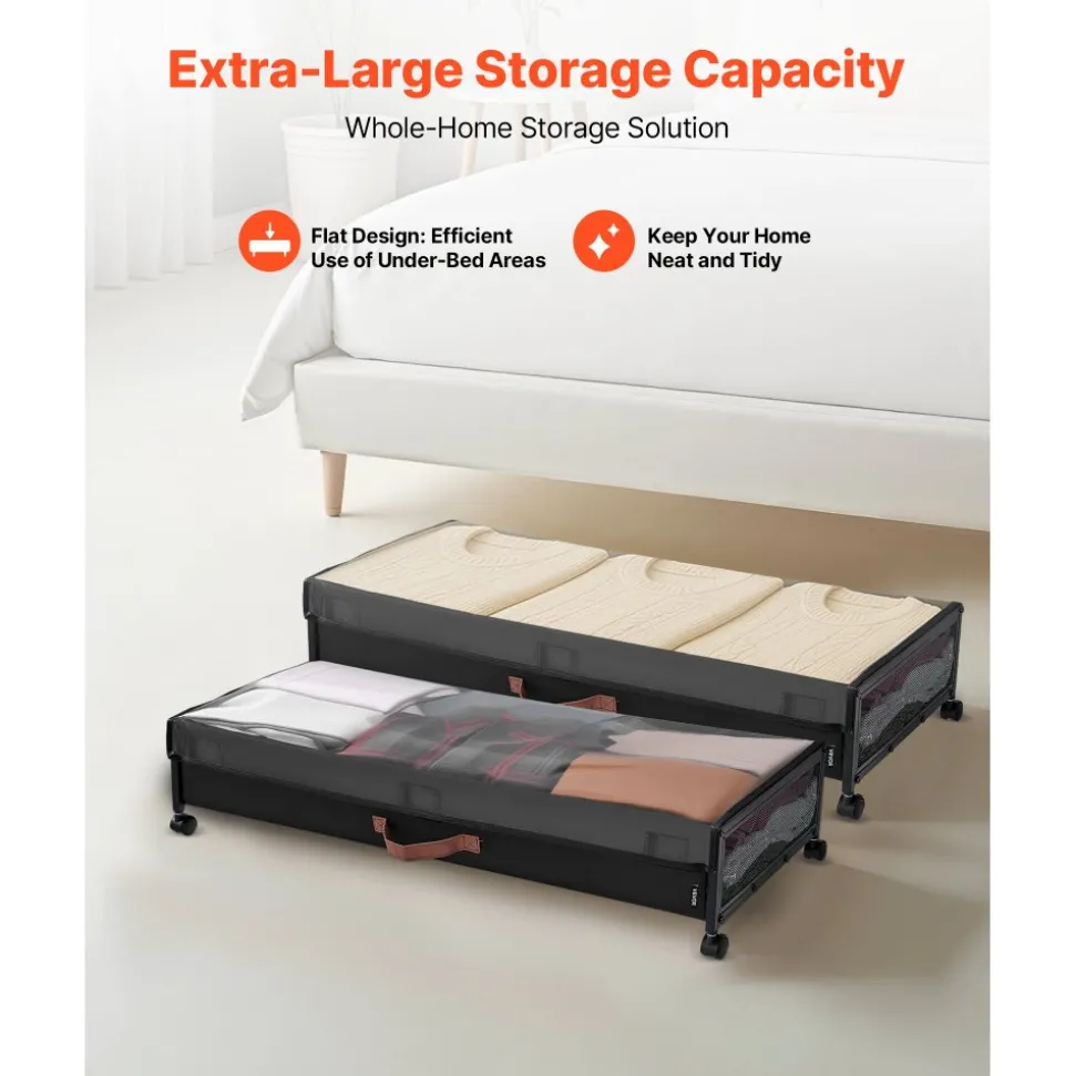 VEVOR Under Bed Storage with Wheels, 36.0 x 18.1 x 7.3 inch, Underbed Containers with Clear Lid, Underbed Shoe Organizer, Rolling Under the Bed Storage Bins for Clothes Shoes Blankets Bedroom, 2 Pack