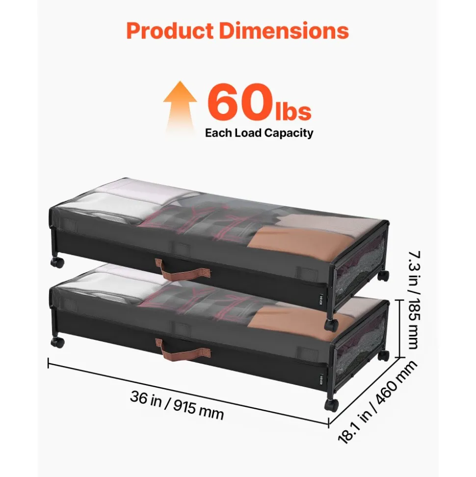 VEVOR Under Bed Storage with Wheels, 36.0 x 18.1 x 7.3 inch, Underbed Containers with Clear Lid, Underbed Shoe Organizer, Rolling Under the Bed Storage Bins for Clothes Shoes Blankets Bedroom, 2 Pack