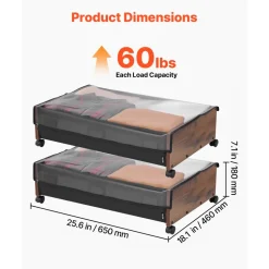 VEVOR Under Bed Storage with Wheels, 25.6 x 18.1 x 7.1 inch Underbed Containers, Underbed Shoes Organizer with Lockable Wheels, Rolling Under the Bed Storage Bins for Clothes, Shoes, Blankets, 2 Pack