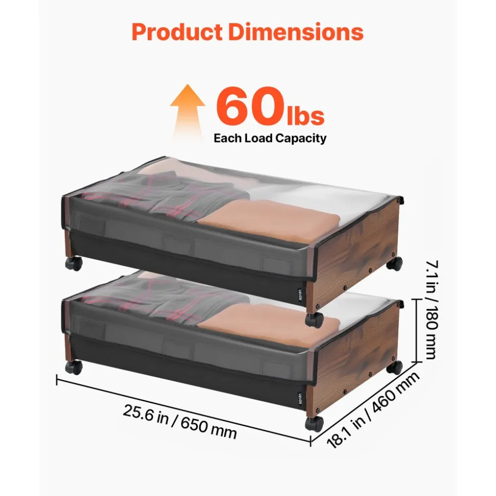 VEVOR Under Bed Storage with Wheels, 25.6 x 18.1 x 7.1 inch Underbed Containers, Underbed Shoes Organizer with Lockable Wheels, Rolling Under the Bed Storage Bins for Clothes, Shoes, Blankets, 2 Pack