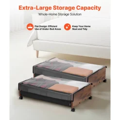 VEVOR Under Bed Storage with Wheels, 25.6 x 18.1 x 7.1 inch Underbed Containers, Underbed Shoes Organizer with Lockable Wheels, Rolling Under the Bed Storage Bins for Clothes, Shoes, Blankets, 2 Pack