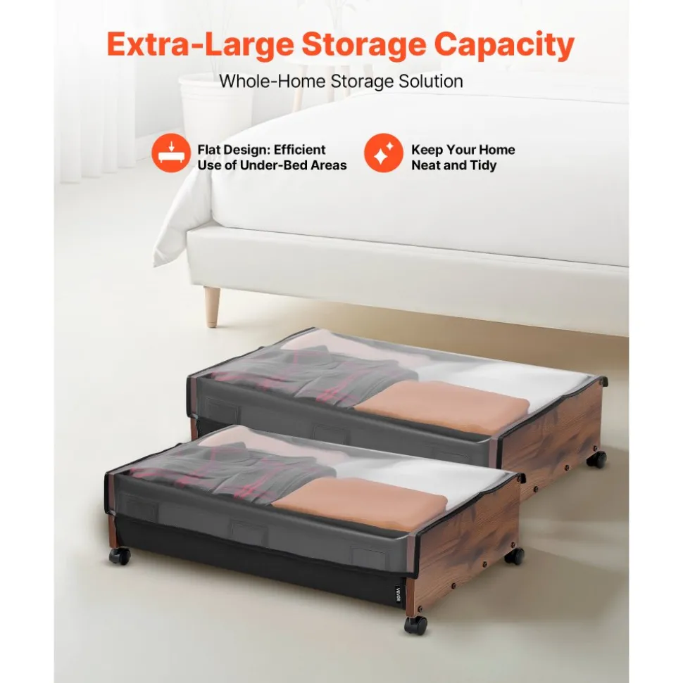 VEVOR Under Bed Storage with Wheels, 25.6 x 18.1 x 7.1 inch Underbed Containers, Underbed Shoes Organizer with Lockable Wheels, Rolling Under the Bed Storage Bins for Clothes, Shoes, Blankets, 2 Pack