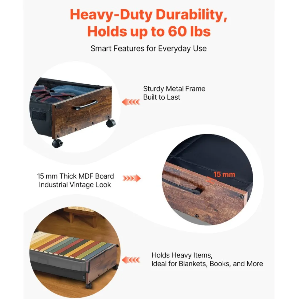 VEVOR Under Bed Storage with Wheels, 25.6 x 18.1 x 7.1 inch Underbed Containers, Underbed Shoes Organizer with Lockable Wheels, Rolling Under the Bed Storage Bins for Clothes, Shoes, Blankets, 2 Pack