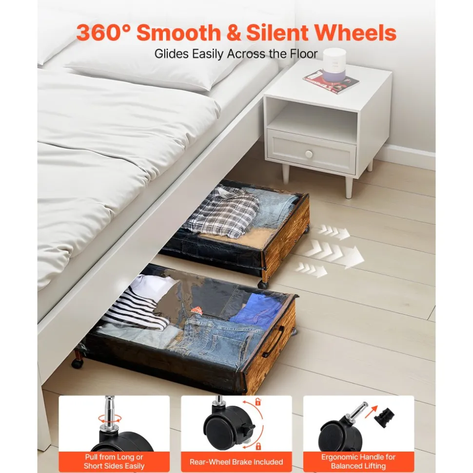 VEVOR Under Bed Storage with Wheels, 25.6 x 18.1 x 7.1 inch Underbed Containers, Underbed Shoes Organizer with Lockable Wheels, Rolling Under the Bed Storage Bins for Clothes, Shoes, Blankets, 2 Pack