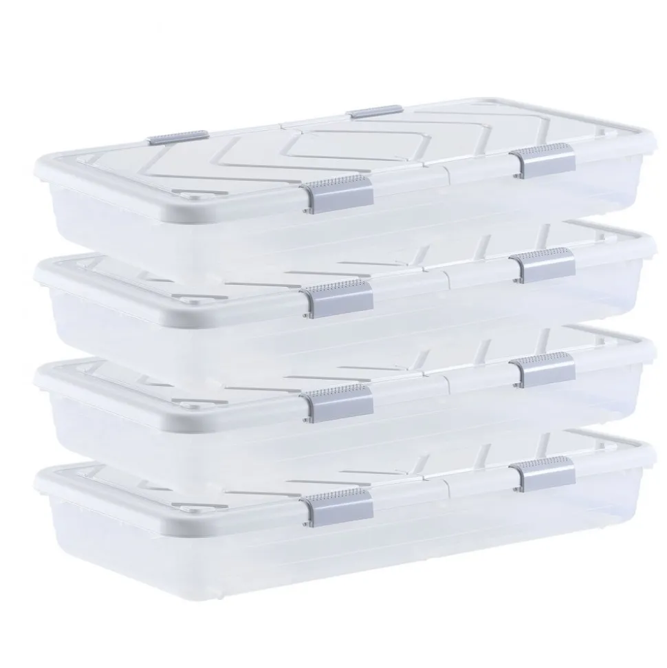 VEVOR Under Bed Storage with Wheels, 31.7 x 15.6 x 6.9 inch Underbed Containers, Underbed Shoes Organizer with Lid & Gray Latch, Rolling Under the Bed Storage Bins for Clothes Shoes Blankets, 4 Pack