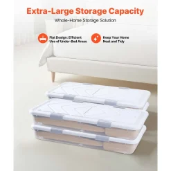 VEVOR Under Bed Storage with Wheels, 31.7 x 15.6 x 6.9 inch Underbed Containers, Underbed Shoes Organizer with Lid & Gray Latch, Rolling Under the Bed Storage Bins for Clothes Shoes Blankets, 4 Pack