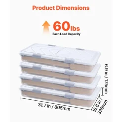 VEVOR Under Bed Storage with Wheels, 31.7 x 15.6 x 6.9 inch Underbed Containers, Underbed Shoes Organizer with Lid & Gray Latch, Rolling Under the Bed Storage Bins for Clothes Shoes Blankets, 4 Pack