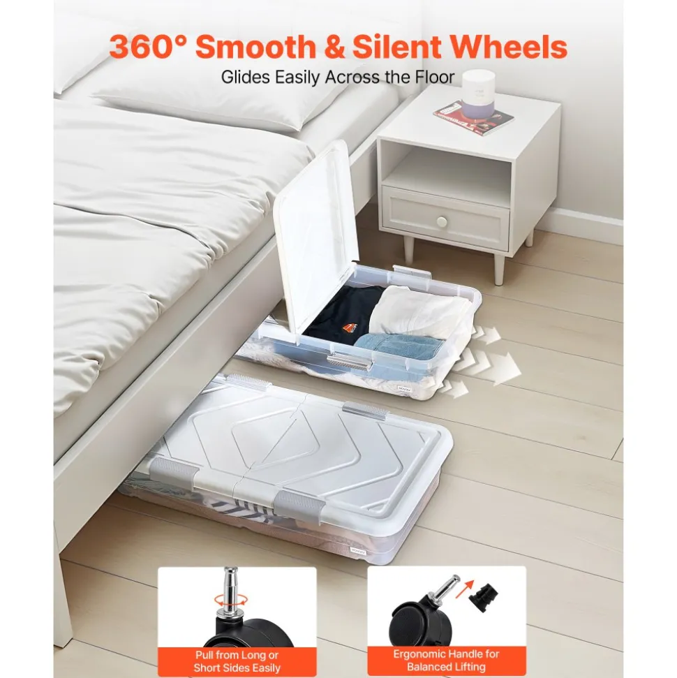 VEVOR Under Bed Storage with Wheels, 31.7 x 15.6 x 6.9 inch Underbed Containers, Underbed Shoes Organizer with Lid & Gray Latch, Rolling Under the Bed Storage Bins for Clothes Shoes Blankets, 4 Pack