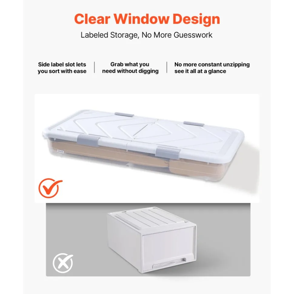 VEVOR Under Bed Storage with Wheels, 31.7 x 15.6 x 6.9 inch Underbed Containers, Underbed Shoes Organizer with Lid & Gray Latch, Rolling Under the Bed Storage Bins for Clothes Shoes Blankets, 4 Pack