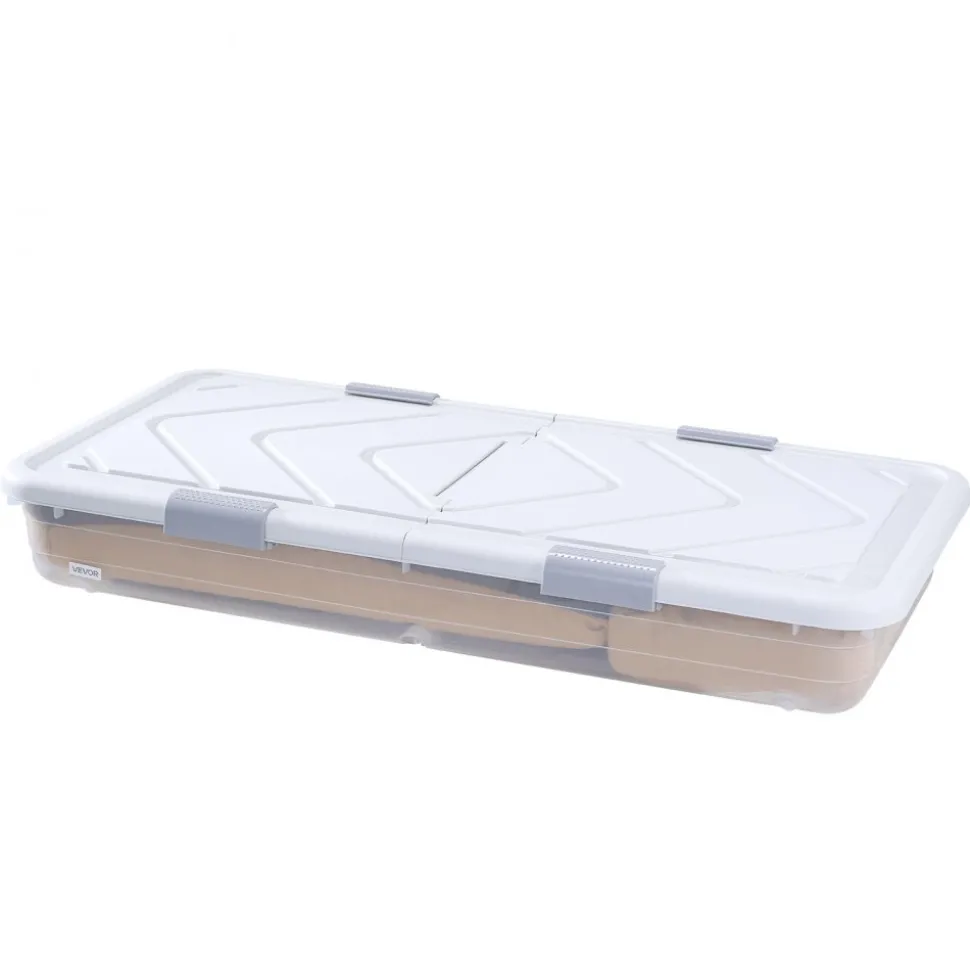VEVOR Under Bed Storage with Wheels, 31.7 x 15.6 x 6.9 inch Underbed Containers, Underbed Shoes Organizer with Lid & Gray Latch, Rolling Under the Bed Storage Bins for Clothes Shoes Blankets, 4 Pack