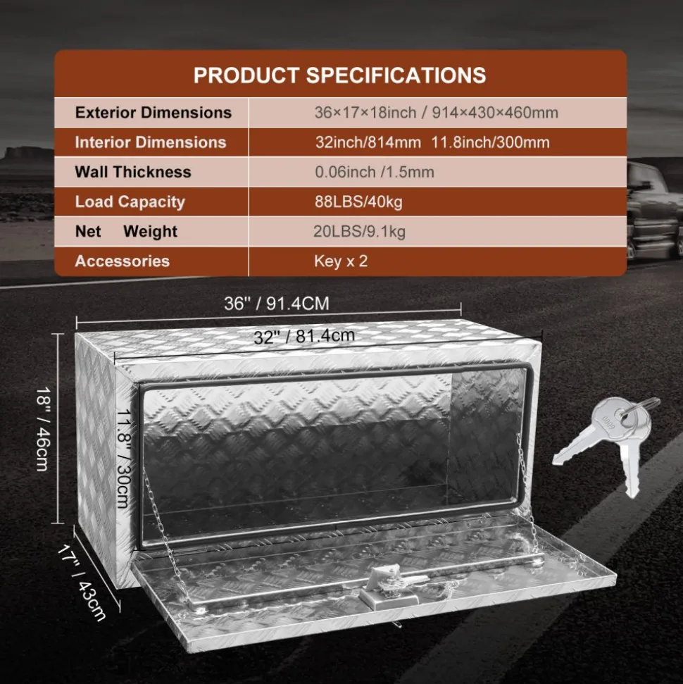 VEVOR Underbody Truck Box, 36"×17"×18" Pickup Storage Box, Heavy Duty Aluminum Diamond Plate Tool Box with Lock and Keys, Waterproof Trailer Storage Box with T-Handle Latch for Truck, Van, Trailer