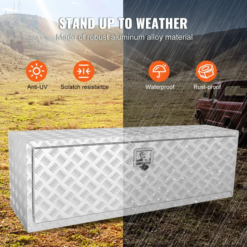 VEVOR Underbody Truck Box, 48"×17"×18" Pickup Storage Box, Heavy Duty Aluminum Diamond Plate Tool Box with Lock and Keys, Waterproof Trailer Storage Box with T-Handle Latch for Truck, Van, Trailer