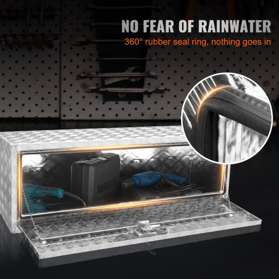 VEVOR Underbody Truck Box, 48"×17"×18" Pickup Storage Box, Heavy Duty Aluminum Diamond Plate Tool Box with Lock and Keys, Waterproof Trailer Storage Box with T-Handle Latch for Truck, Van, Trailer