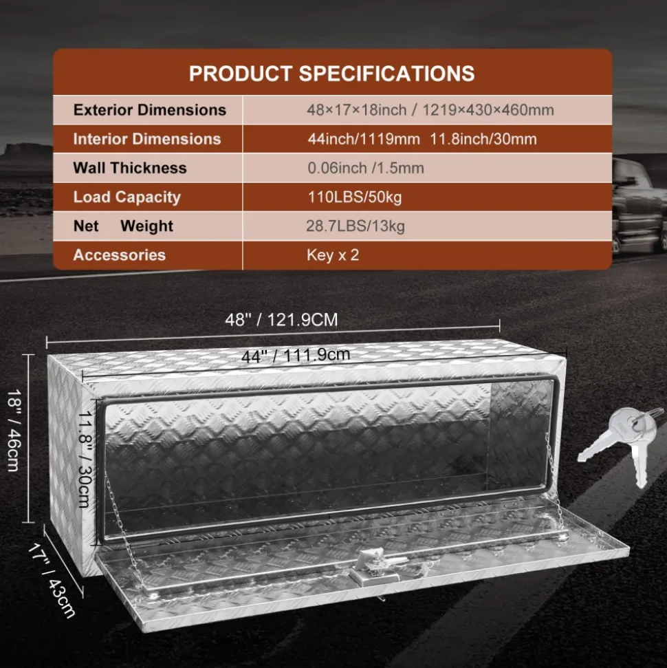 VEVOR Underbody Truck Box, 48"×17"×18" Pickup Storage Box, Heavy Duty Aluminum Diamond Plate Tool Box with Lock and Keys, Waterproof Trailer Storage Box with T-Handle Latch for Truck, Van, Trailer