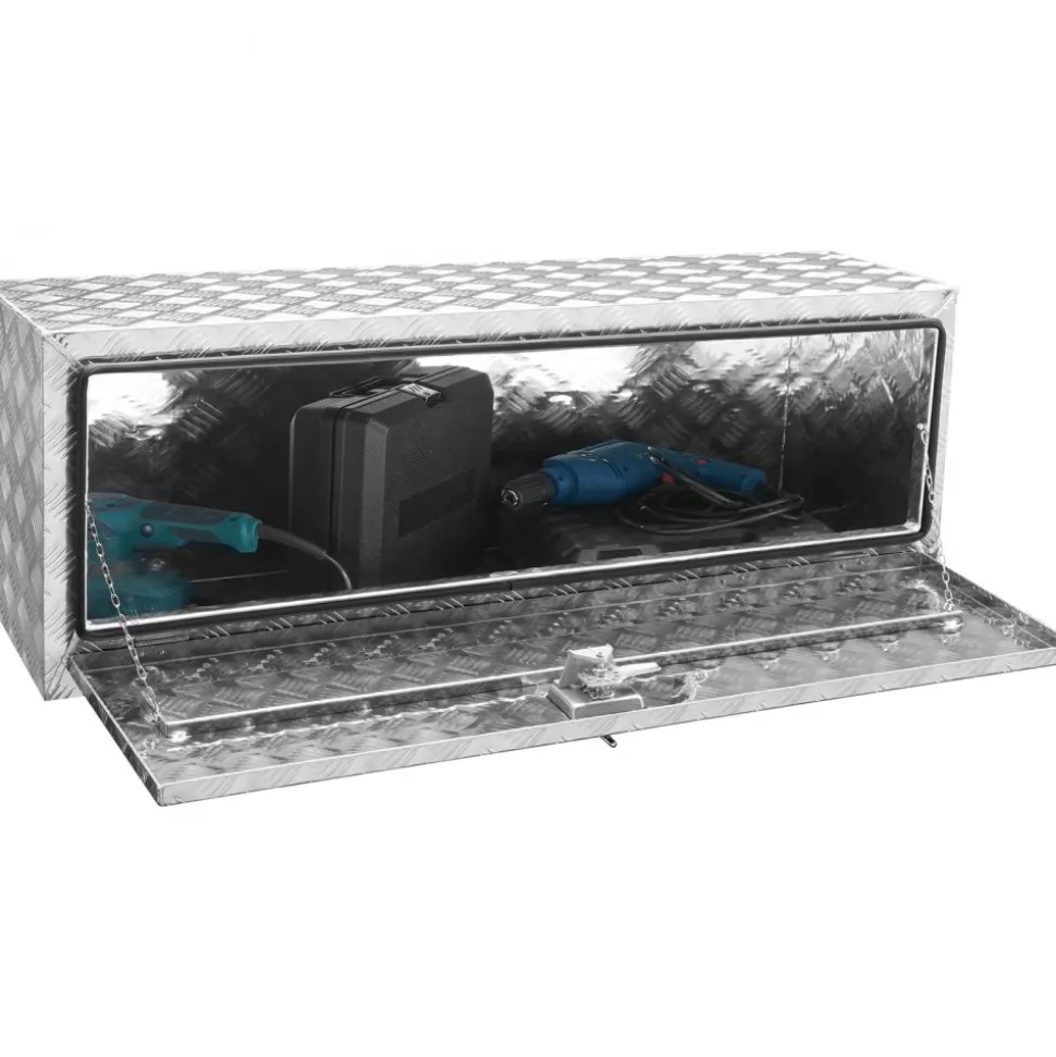 VEVOR Underbody Truck Box, 48"×17"×18" Pickup Storage Box, Heavy Duty Aluminum Diamond Plate Tool Box with Lock and Keys, Waterproof Trailer Storage Box with T-Handle Latch for Truck, Van, Trailer