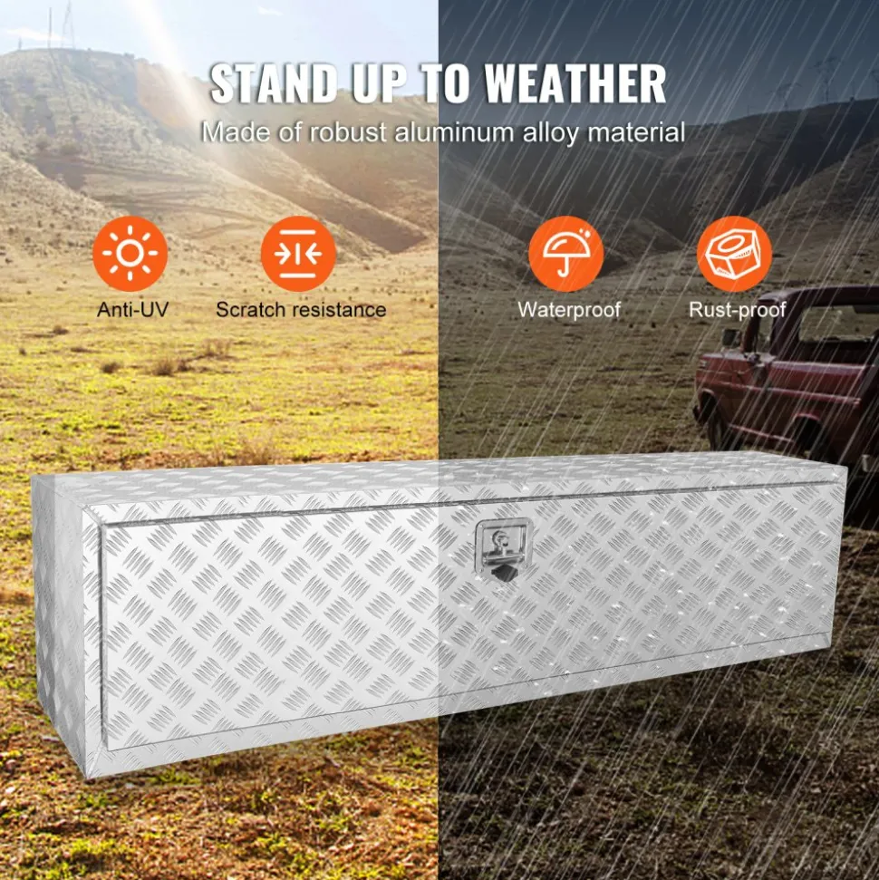 VEVOR Underbody Truck Box, 60"×17"×18" Pickup Storage Box, Heavy Duty Aluminum Diamond Plate Tool Box with Lock and Keys, Waterproof Trailer Storage Box with T-Handle Latch for Truck, Van, Trailer