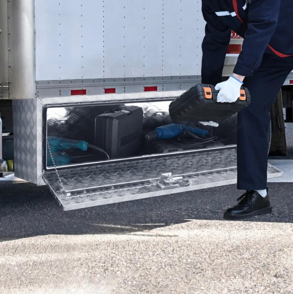 VEVOR Underbody Truck Box, 60"×24"×24" Pickup Storage Box, Heavy Duty Aluminum Diamond Plate Tool Box with Lock and Keys, Waterproof Trailer Storage Box with T-Handle Latch for Truck, Van, Trailer