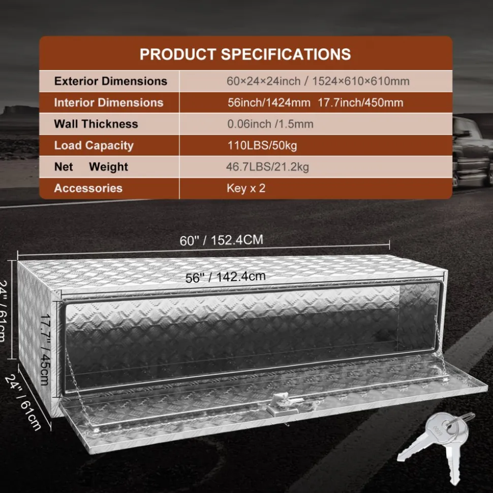 VEVOR Underbody Truck Box, 60"×24"×24" Pickup Storage Box, Heavy Duty Aluminum Diamond Plate Tool Box with Lock and Keys, Waterproof Trailer Storage Box with T-Handle Latch for Truck, Van, Trailer