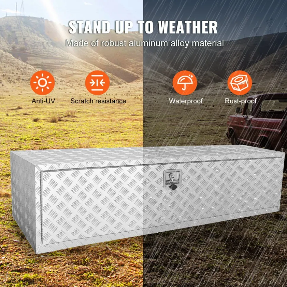 VEVOR Underbody Truck Box, 60"×24"×24" Pickup Storage Box, Heavy Duty Aluminum Diamond Plate Tool Box with Lock and Keys, Waterproof Trailer Storage Box with T-Handle Latch for Truck, Van, Trailer