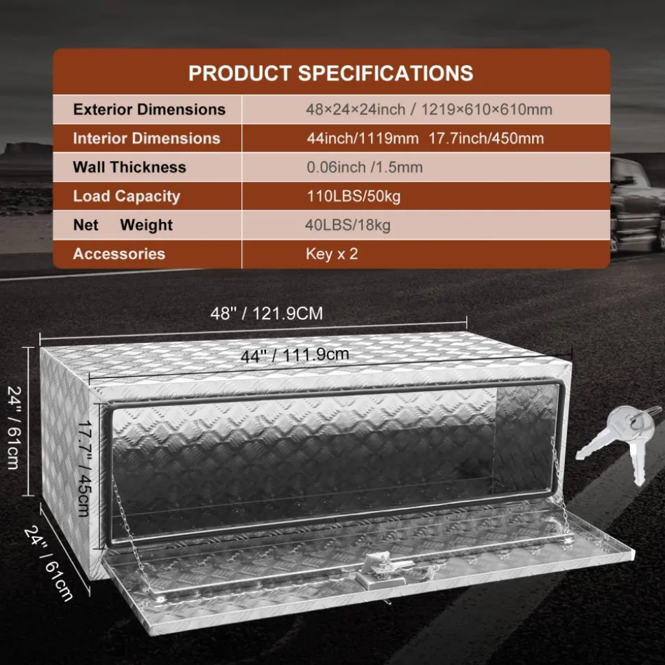 VEVOR Underbody Truck Box, 48"×24"×24" Pickup Storage Box, Heavy Duty Aluminum Diamond Plate Tool Box with Lock and Keys, Waterproof Trailer Storage Box with T-Handle Latch for Truck, Van, Trailer