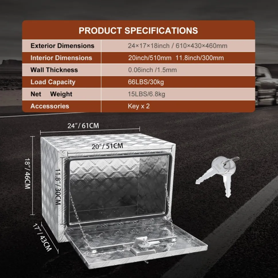 VEVOR Underbody Truck Box, 24"×17"×18" Pickup Storage Box, Heavy Duty Aluminum Diamond Plate Tool Box with Lock and Keys, Waterproof Trailer Storage Box with T-Handle Latch for Truck, Van, Trailer