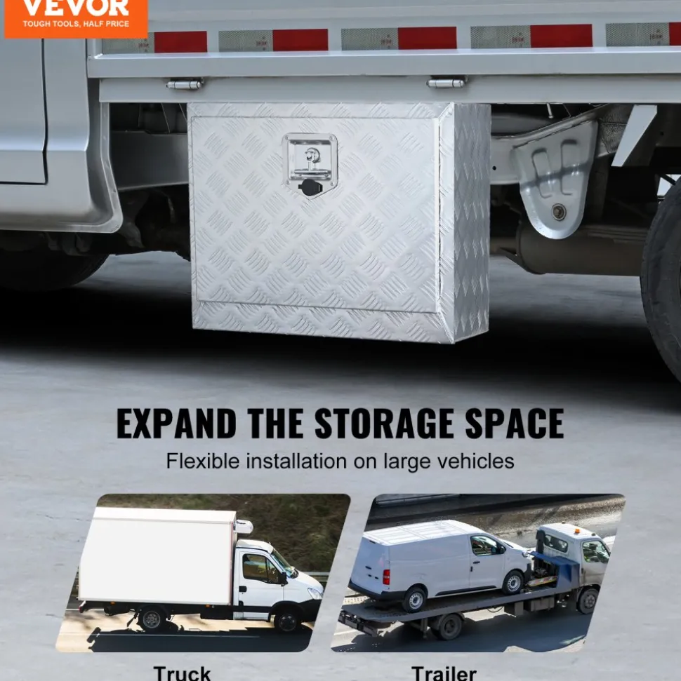 VEVOR Underbody Truck Box, 24"×14"×16" Pickup Storage Box, Heavy Duty Aluminum Diamond Plate Tool Box with Lock and Keys, Waterproof Trailer Storage Box with T-Handle Latch for Truck, Van, Trailer