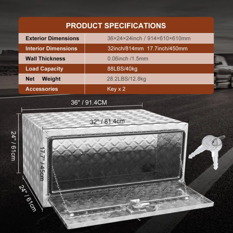 VEVOR Underbody Truck Box, 36"×24"×24" Pickup Storage Box, Heavy Duty Aluminum Diamond Plate Tool Box with Lock and Keys, Waterproof Trailer Storage Box with T-Handle Latch for Truck, Van, Trailer