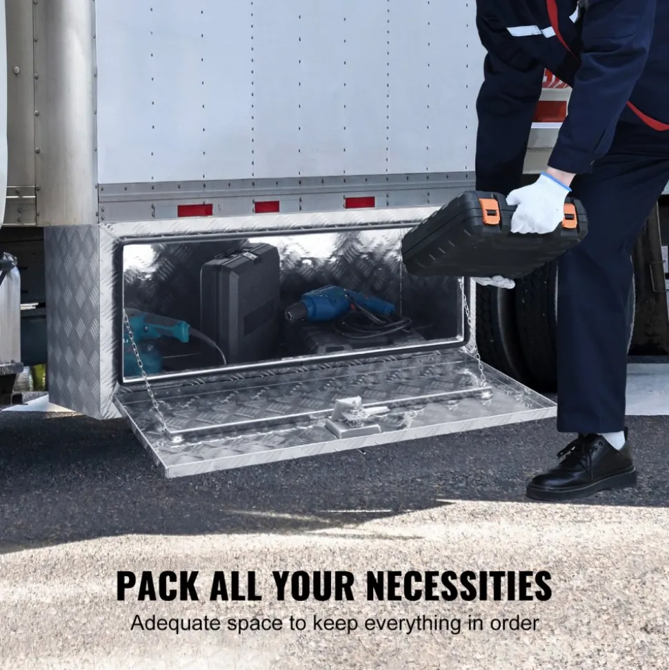 VEVOR Underbody Truck Box, 36"×24"×24" Pickup Storage Box, Heavy Duty Aluminum Diamond Plate Tool Box with Lock and Keys, Waterproof Trailer Storage Box with T-Handle Latch for Truck, Van, Trailer