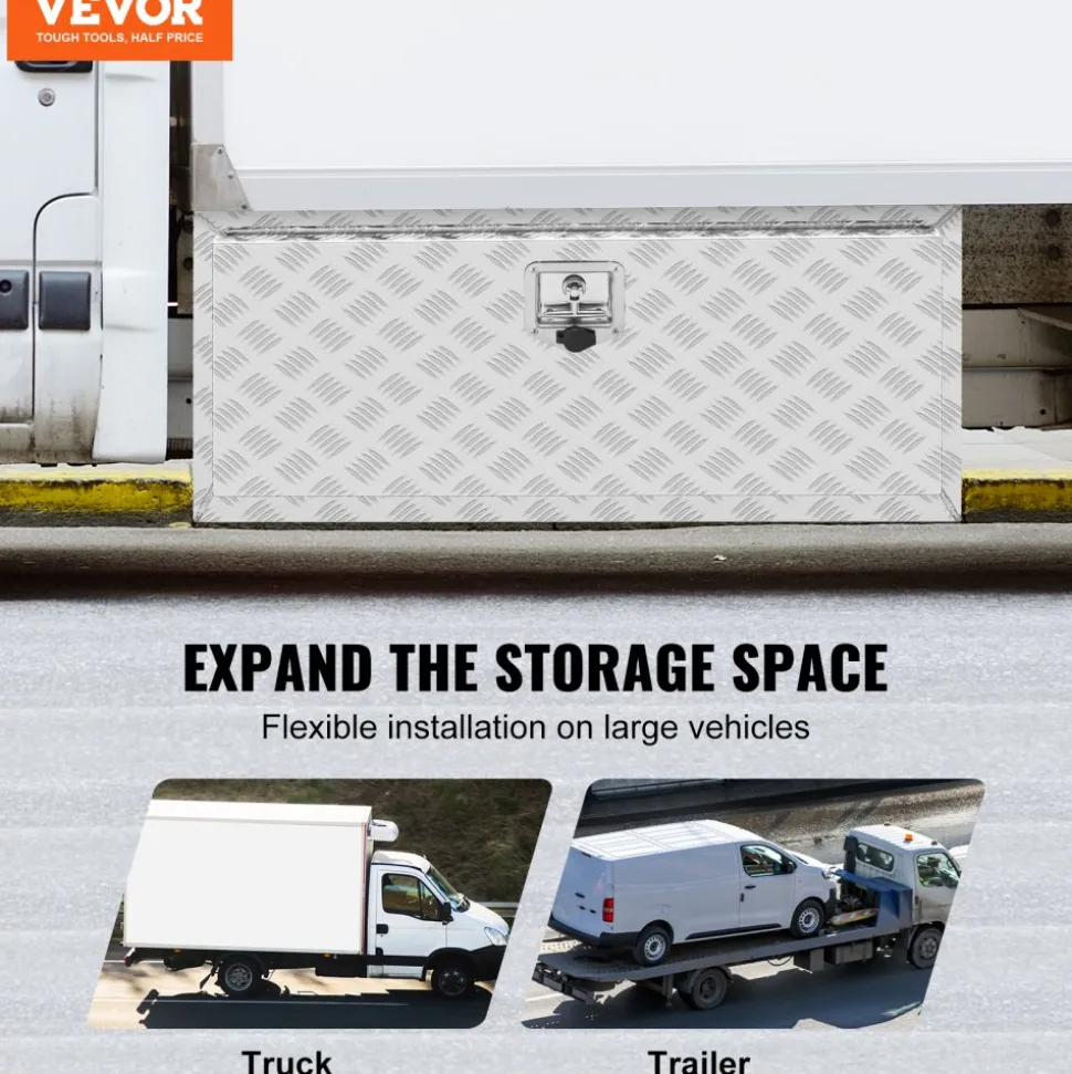 VEVOR Underbody Truck Box, 36"×24"×24" Pickup Storage Box, Heavy Duty Aluminum Diamond Plate Tool Box with Lock and Keys, Waterproof Trailer Storage Box with T-Handle Latch for Truck, Van, Trailer