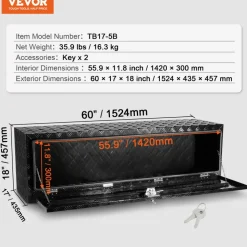 VEVOR Underbody Truck Box, 60" x 17" x 18" Pickup Storage Box, Heavy Duty Aluminum Diamond Plate Tool Box with Lock and Keys, Waterproof Trailer Storage Box with T-Handle Latch for Truck, Van, Trailer