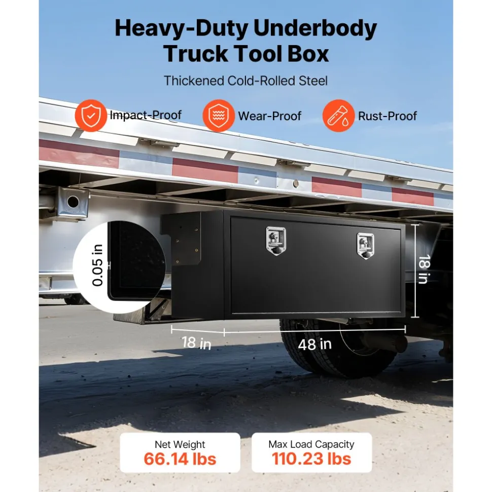 VEVOR Underbody Truck Tool Box, 48 x 18 x 18 Inch Heavy Duty Steel Trailer Storage Box with Lock & Keys, Waterproof Trailer Storage Organizer Under Body Chest with T-Handle for Truck, Van, SUV, Black
