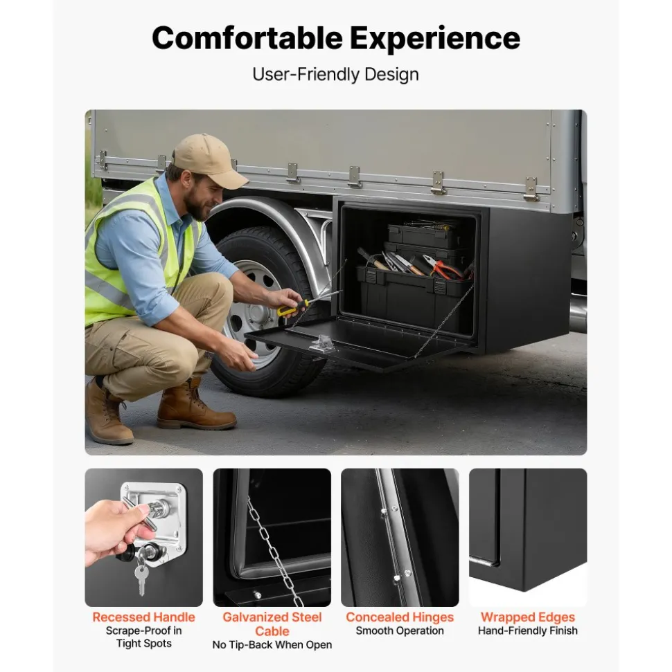 VEVOR Underbody Truck Tool Box, 36 x 24 x 24 Inch Heavy Duty Steel Trailer Storage Box with Lock & Keys, Waterproof Trailer Storage Organizer Under Body Chest with T-Handle for Truck, Van, SUV, Black