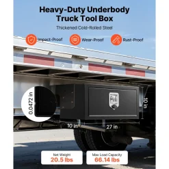 VEVOR Underbody Truck Tool Box, 27 x 10 x 10 Inch Heavy Duty Steel Trailer Storage Box with Lock & Keys, Waterproof Trailer Storage Organizer Under Body Chest with T-Handle for Truck, Van, SUV, Black