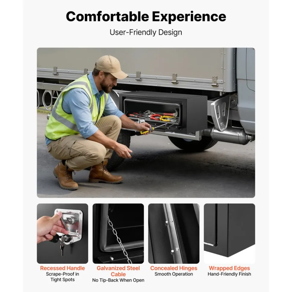 VEVOR Underbody Truck Tool Box, 27 x 10 x 10 Inch Heavy Duty Steel Trailer Storage Box with Lock & Keys, Waterproof Trailer Storage Organizer Under Body Chest with T-Handle for Truck, Van, SUV, Black