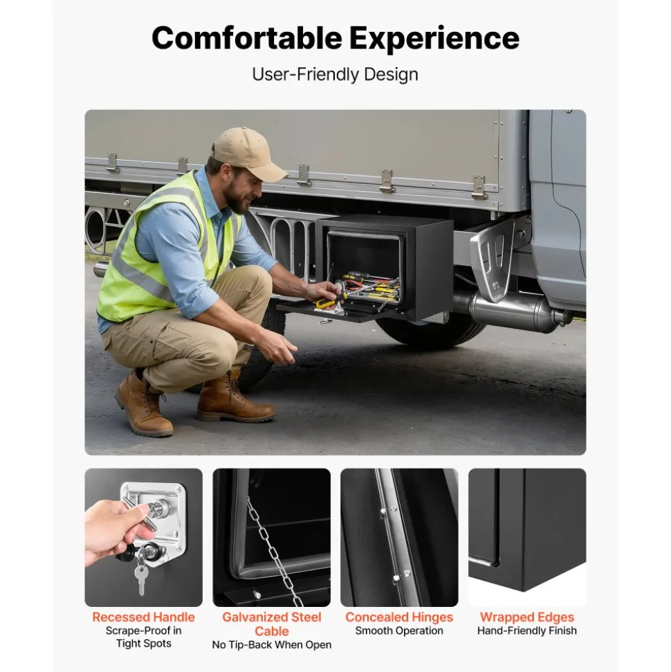 VEVOR Underbody Truck Tool Box, 18 x 12 x 14 Inch Heavy Duty Steel Trailer Storage Box with Lock & Keys, Waterproof Trailer Storage Organizer Under Body Chest with T-Handle for Truck, Van, SUV, Black