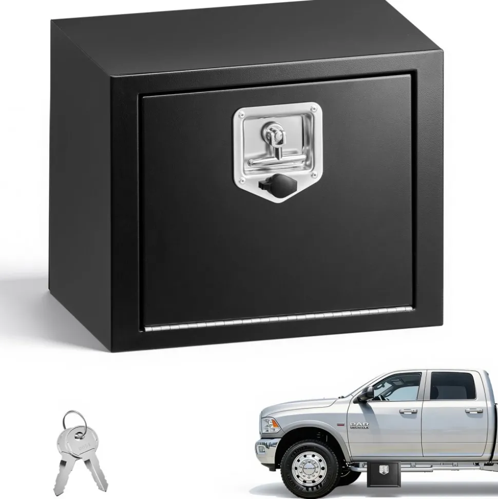 VEVOR Underbody Truck Tool Box, 18 x 12 x 14 Inch Heavy Duty Steel Trailer Storage Box with Lock & Keys, Waterproof Trailer Storage Organizer Under Body Chest with T-Handle for Truck, Van, SUV, Black