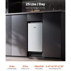 VEVOR Undercounter Built-in Ice Maker, 66 Lbs/Day Under Counter Nugget Ice Maker Machine with Reversible Door Stainless Steel, Freestanding Ice Maker for Commercial Home Kitchen, Electric Drainage