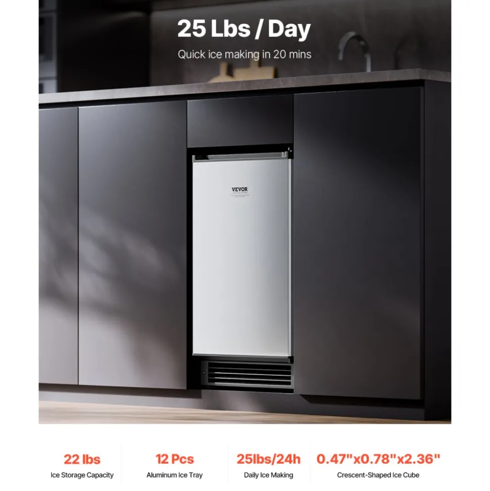 VEVOR Undercounter Built-in Ice Maker, 66 Lbs/Day Under Counter Nugget Ice Maker Machine with Reversible Door Stainless Steel, Freestanding Ice Maker for Commercial Home Kitchen, Electric Drainage