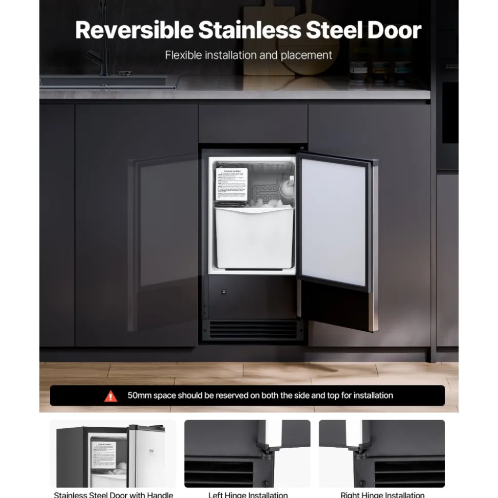 VEVOR Undercounter Built-in Ice Maker, 66 Lbs/Day Under Counter Nugget Ice Maker Machine with Reversible Door Stainless Steel, Freestanding Ice Maker for Commercial Home Kitchen, Electric Drainage