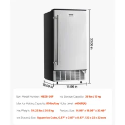 VEVOR Undercounter Built-in Ice Maker, 80 Lbs/Day Under Counter Ice Maker Machine with Reversible Door Stainless Steel, Freestanding Ice Maker for Commercial Home Kitchen, Electric Drainage