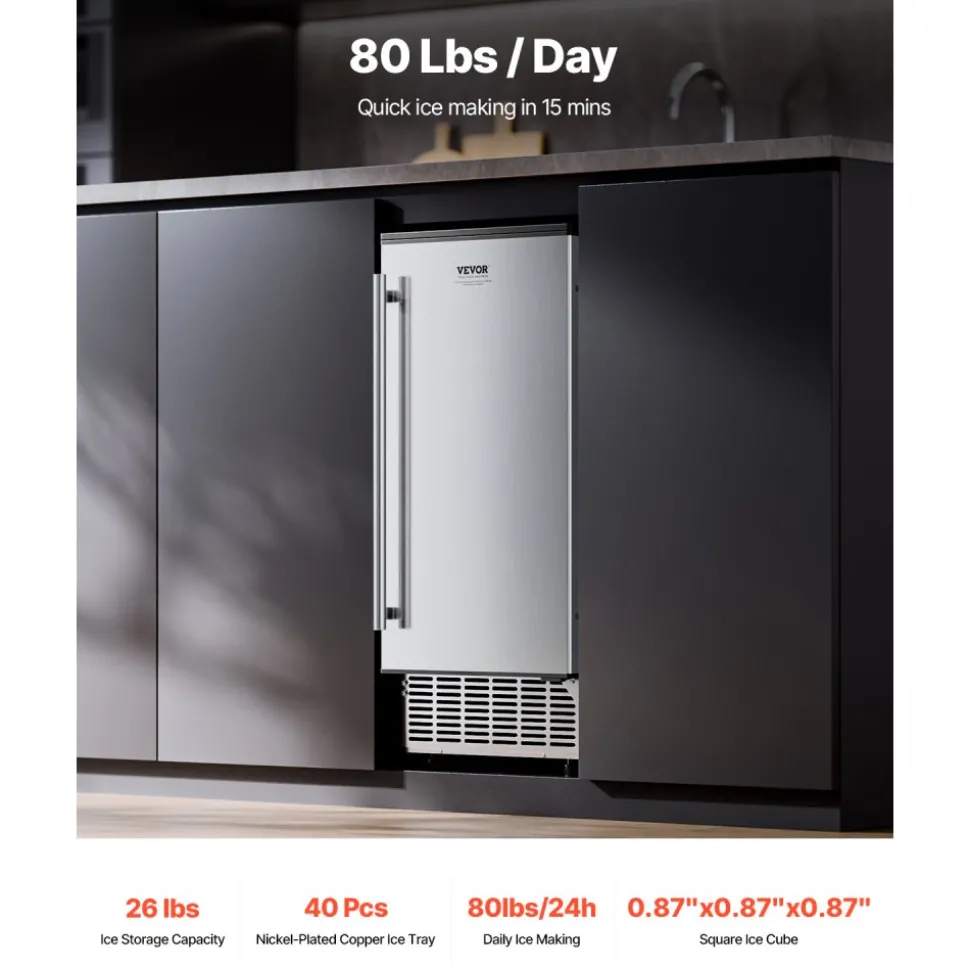 VEVOR Undercounter Built-in Ice Maker, 80 Lbs/Day Under Counter Ice Maker Machine with Reversible Door Stainless Steel, Freestanding Ice Maker for Commercial Home Kitchen, Electric Drainage