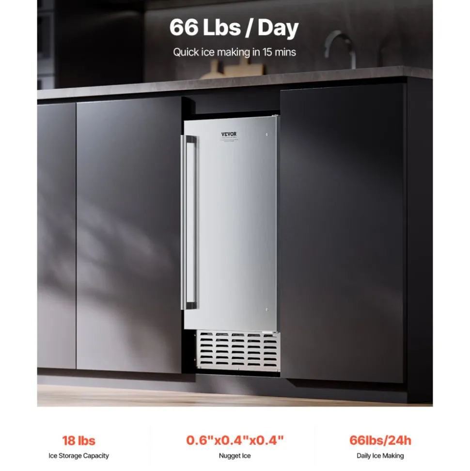VEVOR Undercounter Built-in Ice Maker, 66 Lbs/Day Under Counter Nugget Ice Maker Machine with Drain Pump Reversible Door Stainless Steel, Freestanding Ice Maker for Commercial Home Kitchen