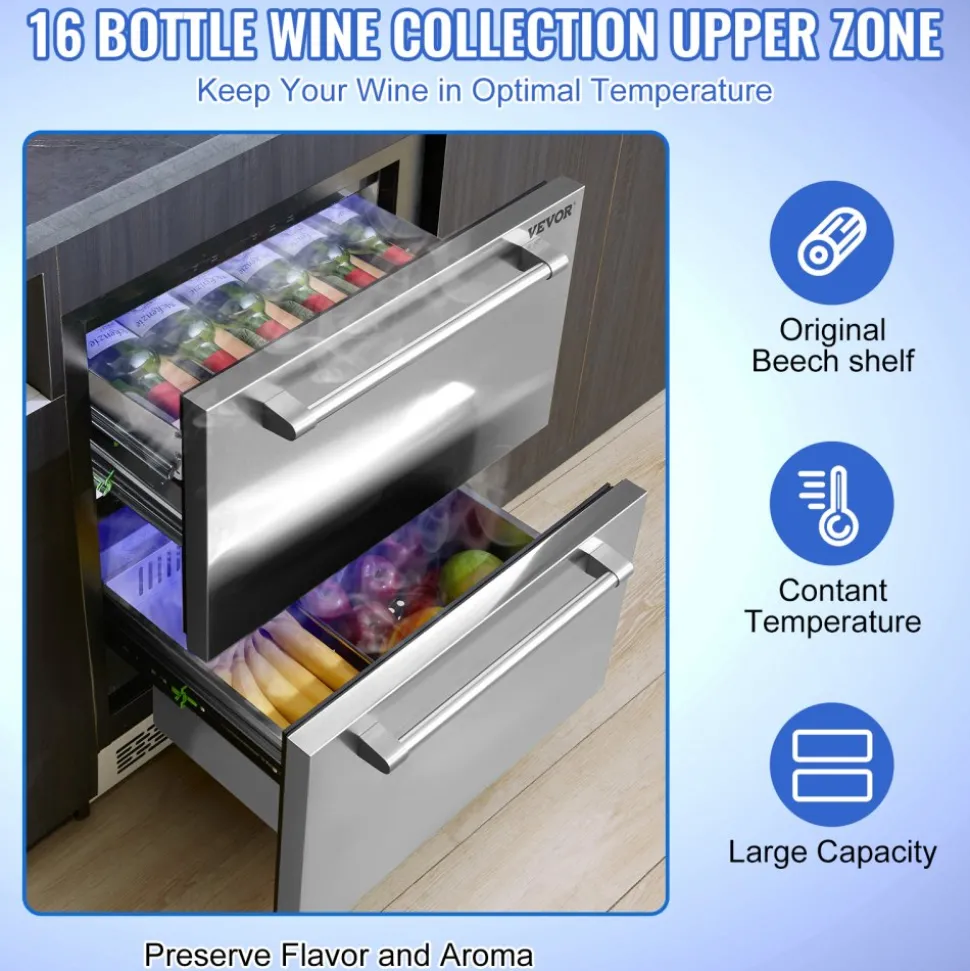 VEVOR 24" Undercounter Refrigerator, 2 Drawer Wine Refrigerator with Different Temperature, 4.87 Cu.ft. Capacity, Waterproof Indoor and Outdoor Under Counter Drawer Fridge for Home and Commercial Use