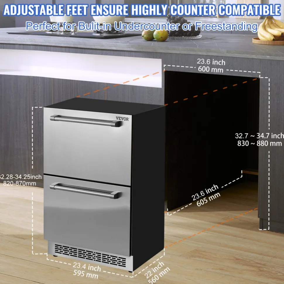 VEVOR 24" Undercounter Refrigerator, 2 Drawer Wine Refrigerator with Different Temperature, 4.87 Cu.ft. Capacity, Waterproof Indoor and Outdoor Under Counter Drawer Fridge for Home and Commercial Use