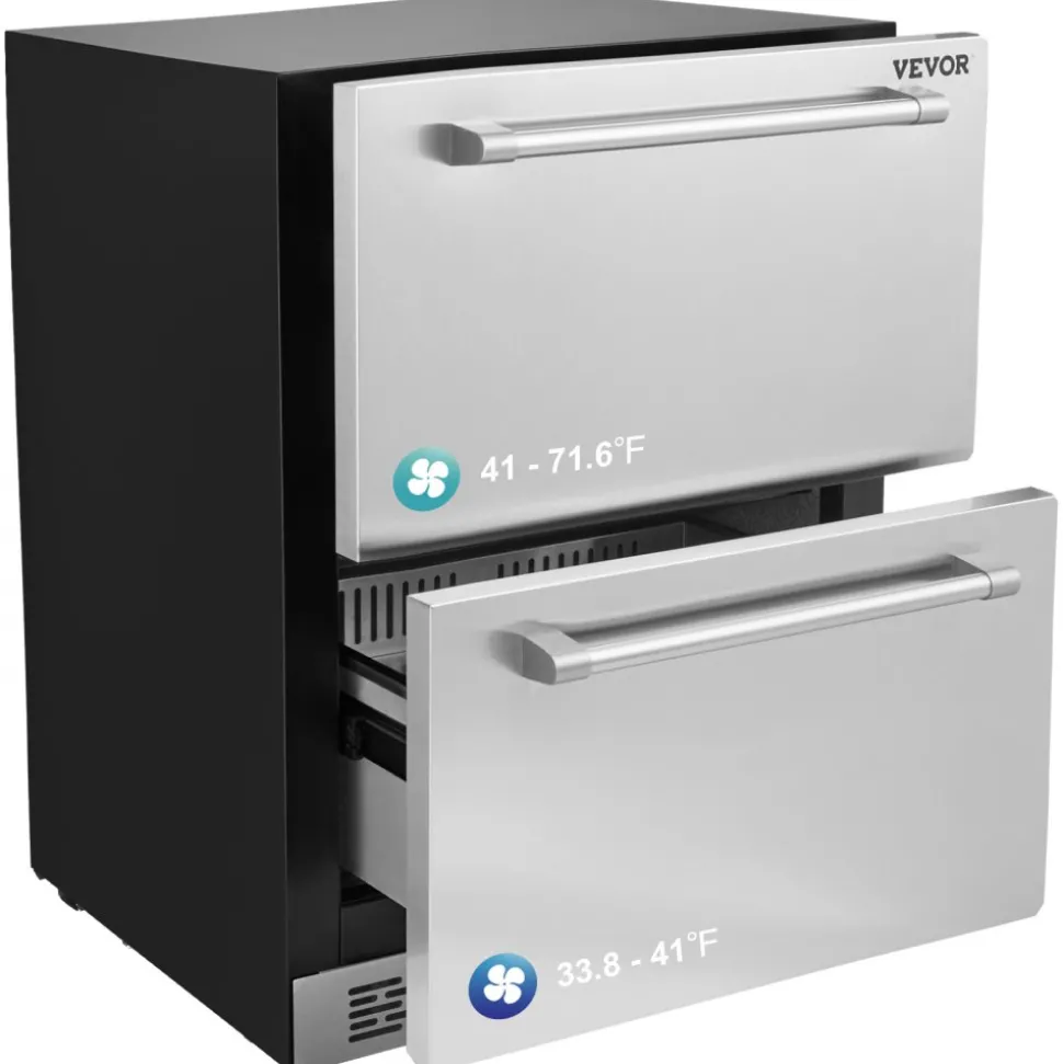 VEVOR 24" Undercounter Refrigerator, 2 Drawer Wine Refrigerator with Different Temperature, 4.87 Cu.ft. Capacity, Waterproof Indoor and Outdoor Under Counter Drawer Fridge for Home and Commercial Use