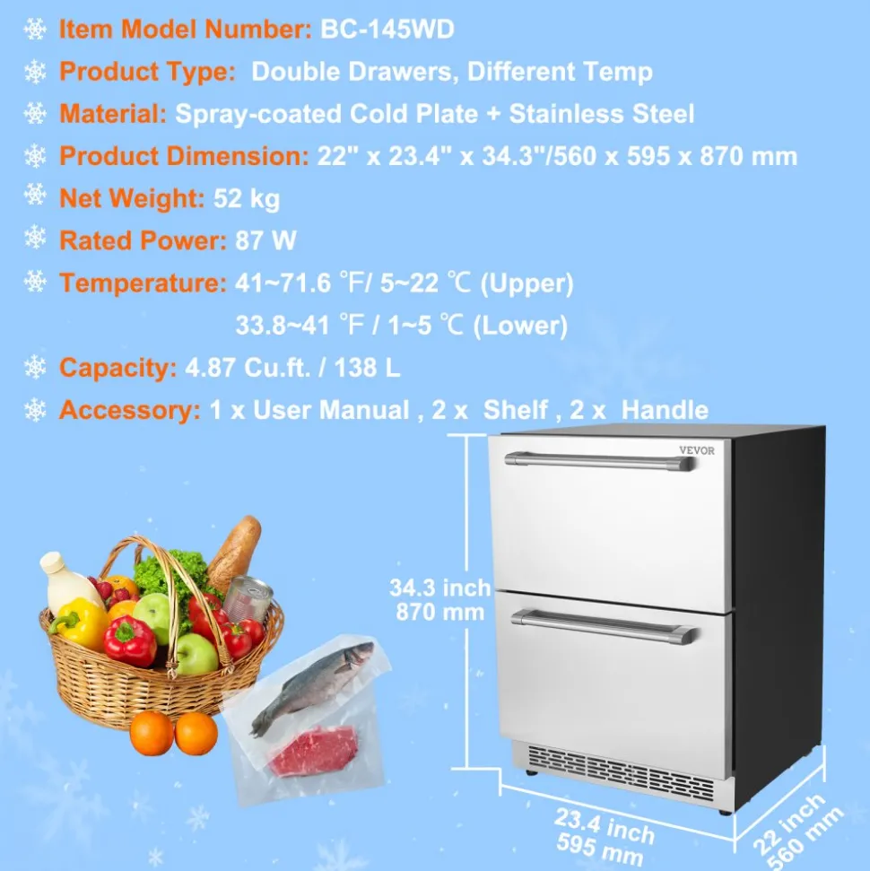 VEVOR 24" Undercounter Refrigerator, 2 Drawer Wine Refrigerator with Different Temperature, 4.87 Cu.ft. Capacity, Waterproof Indoor and Outdoor Under Counter Drawer Fridge for Home and Commercial Use
