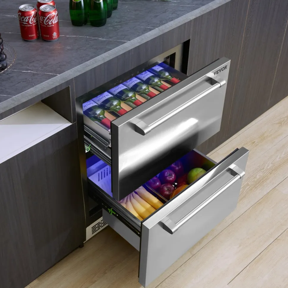 VEVOR 24" Undercounter Refrigerator, 2 Drawer Wine Refrigerator with Different Temperature, 4.87 Cu.ft. Capacity, Waterproof Indoor and Outdoor Under Counter Drawer Fridge for Home and Commercial Use