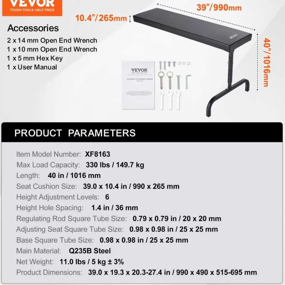 VEVOR Under Dash Creeper, 40 in, 330 lbs Load Capacity Rolling Mechanic Garage Creeper, 20.3-27.4 in Height Adjustable, Laying Down or Upright Inside of Car or Truck, Easy Fold Support for Garage Shop